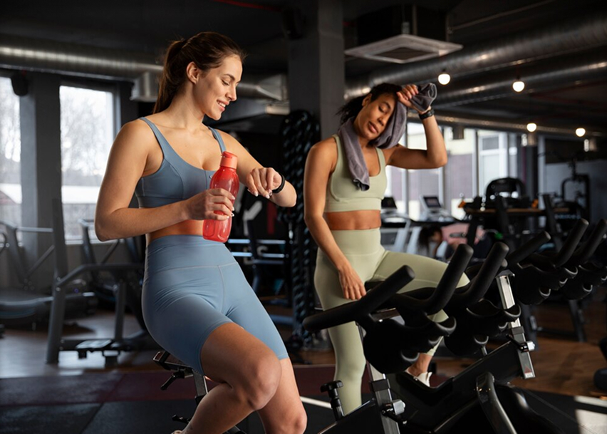 Две девушки крутят колеся в фитнес-клубе